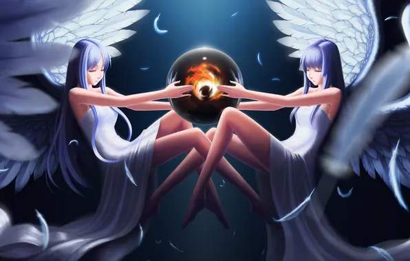 Картинка пламя, крылья, Девушки, перья, ангелы, сфера, симметрия