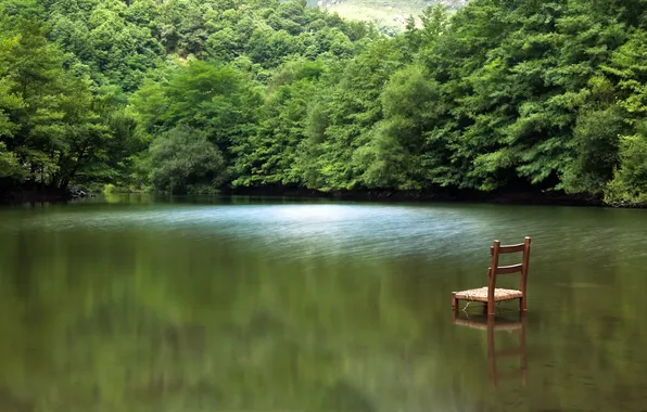 Картинка природа, озеро, стул