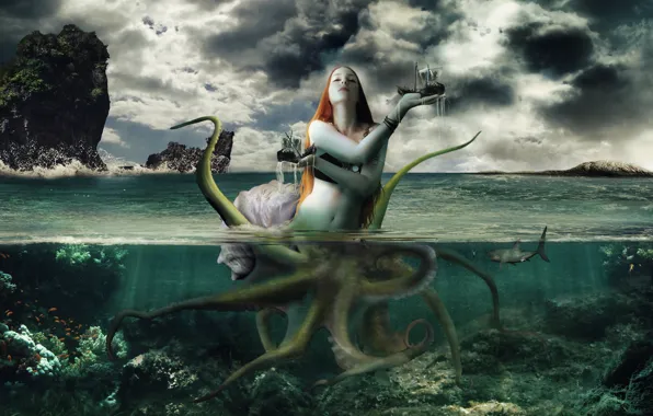 Картинка море, девушка, фентези, обои