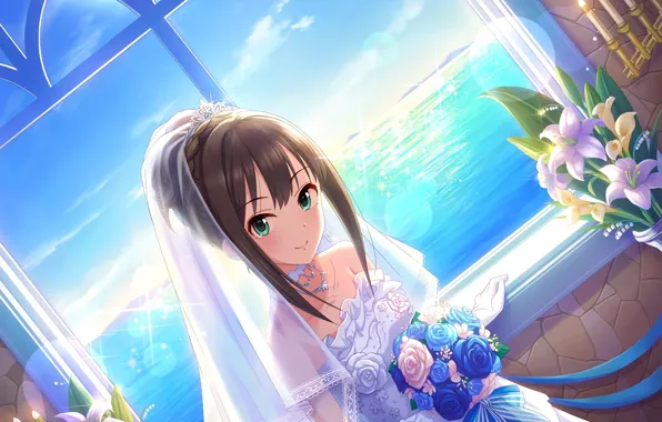 Картинка море, лилии, горизонт, окно, невеста, диадема, фата, свадебное платье