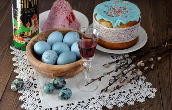 Яйца, Пасха, натюрморт, кулич, верба, крашенки