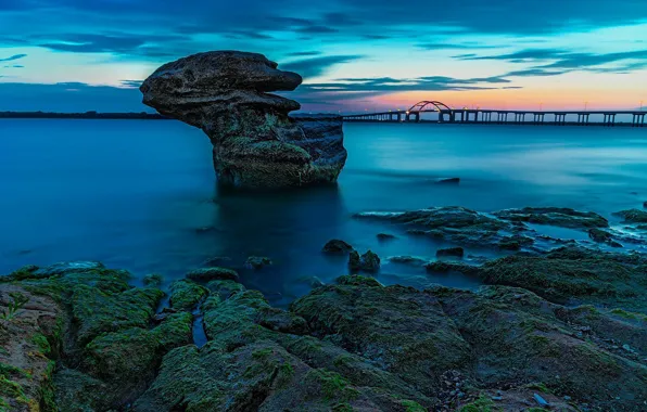 Мост, озеро, камни, берег, вечер, Texas, Lewisville Lake, Denton County