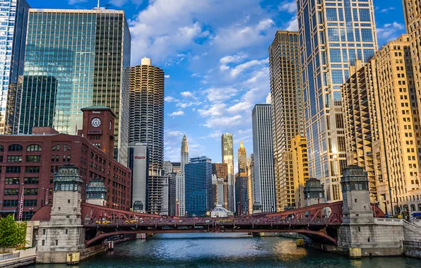 Картинка мост, река, дома, небоскребы, утро, Chicago, ILLINOIS