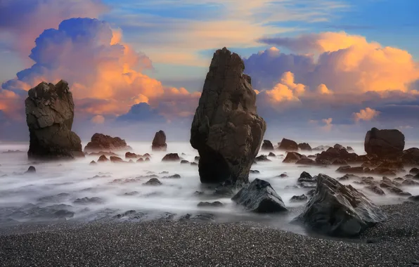 Sky, sea, landscape, New Zealand, nature, clouds, rocks, horizon