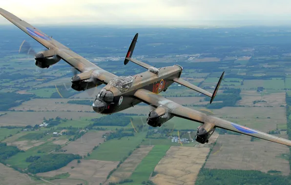 Картинка полет, ретро, самолет, ландшафт, бомбардировщик, Avro Lancaster