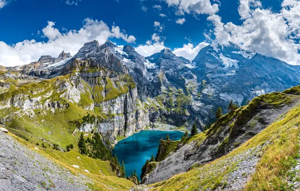 Небо, деревья, пейзаж, горы, озеро, высота, Швейцария, Switzerland