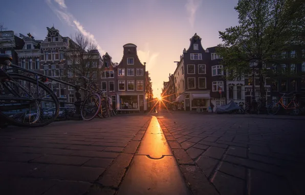 Солнце, улица, здания, велосипеды, Amsterdam - My Home