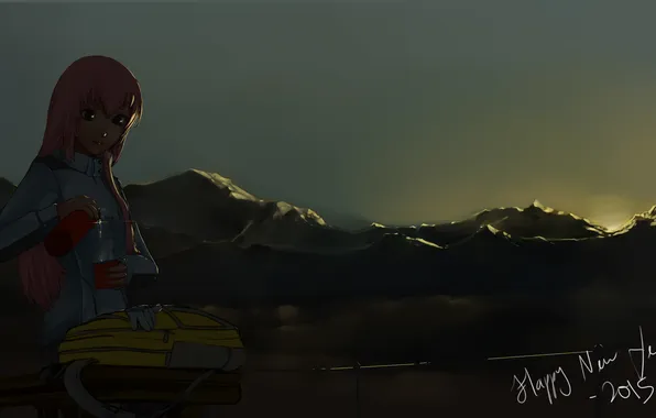 Картинка девушка, солнце, закат, горы, аниме, арт, рюкзак, lordless