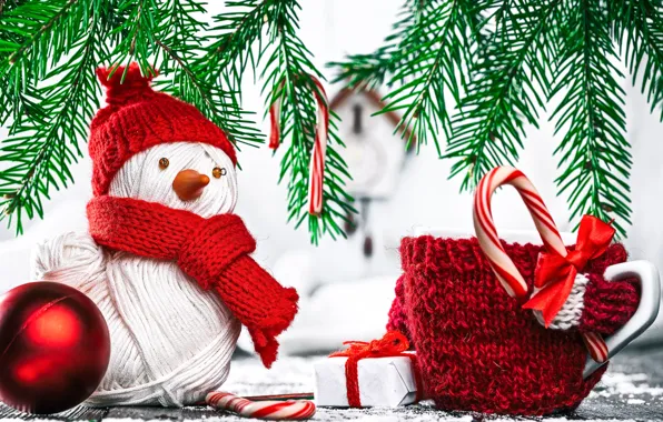 Фон, подарок, ель, ветка, Новый год, снеговик, box, gift