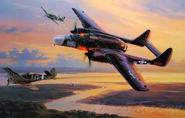 Самолет, Истребитель, painting, P-61, Black Widow, WW2, aircraft art, P-61 Black Widow