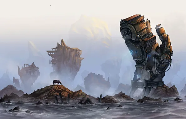 Картинка море, туман, камни, скалы, механизм, робот, корова, руины