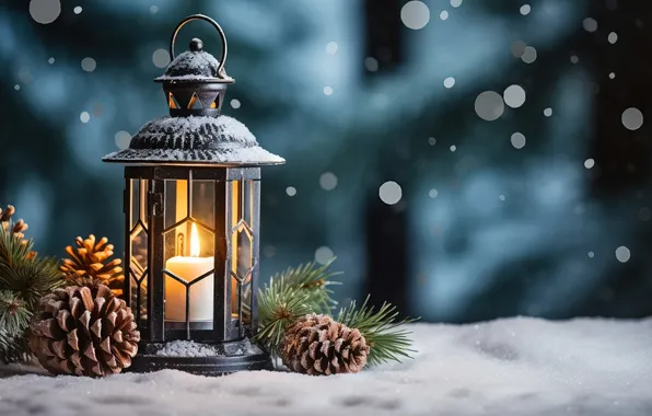 Картинка зима, снег, ночь, Рождество, фонарь, Новый год, Christmas, night