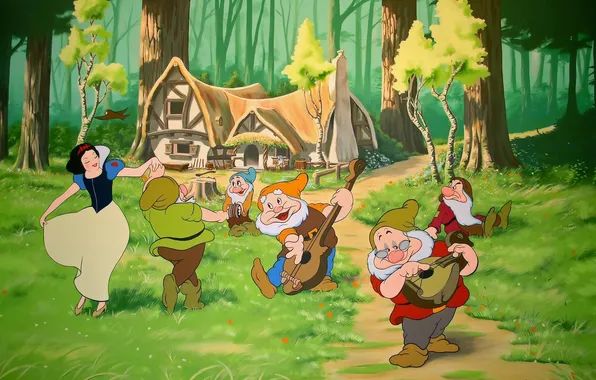 Картинка мультфильм, белоснежка и семь гномов, домик с гномами