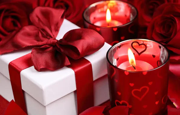 Подарок, розы, свечи, лента, red, бантик, Valentine`s day, gift