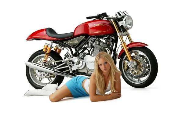 Картинка Девушки, Блондинка, красивая девушка, на белом фоне, смотрит в камеру, лежит возле мотоцикла, norton, commndo …