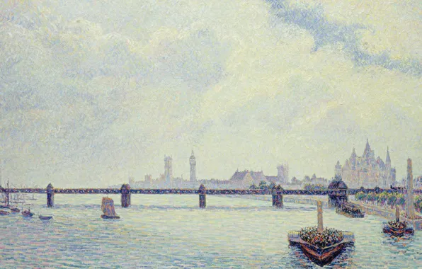 Корабль, картина, городской пейзаж, Камиль Писсарро, Мост Чаринг-Кросс. Лондон