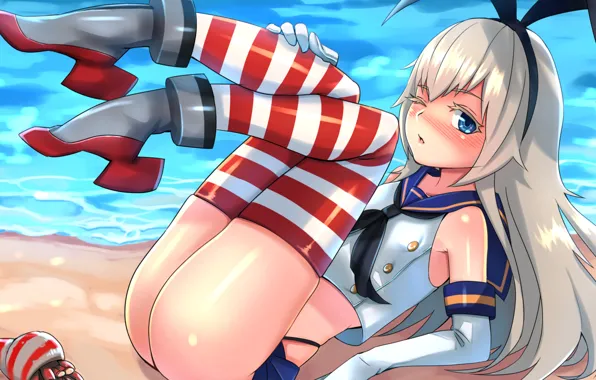 Море, попка, взгляд, трусики, колготки, смущение, Kantai Collection