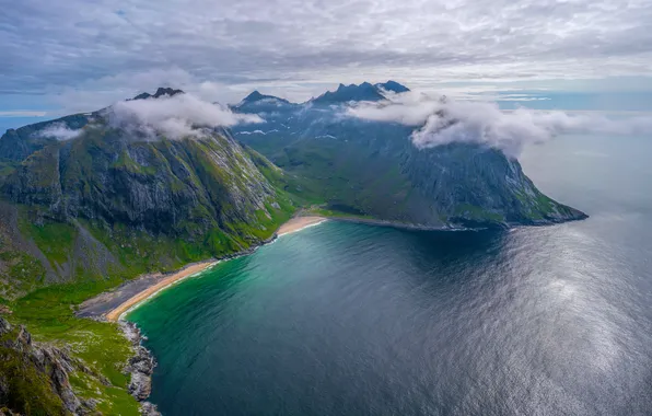 Море, облака, горы, скалы, побережье, панорама, вид сверху, Norway