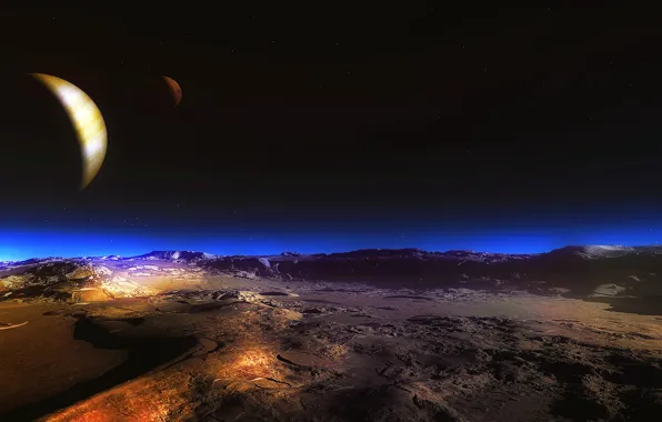 Картинка небо, ночь, луна, пустыня, планета, спутник