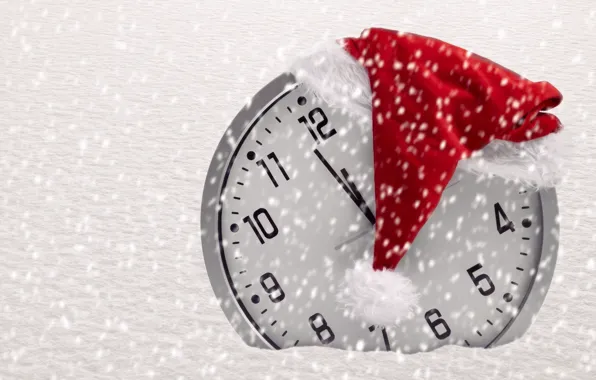 Картинка снег, время, фон, праздник, обои, шапка, часы, новый год