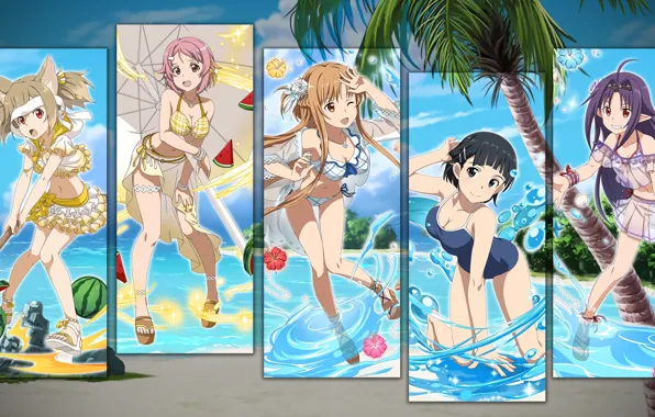 Пляж, лето, девушки, коллаж, персонажи, Sword Art Online