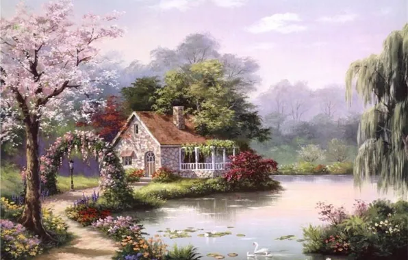Дом, река, картина, живопись, лебеди, painting, Sung Kim
