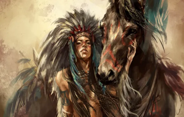 Картинка девушка, конь, перья, арт