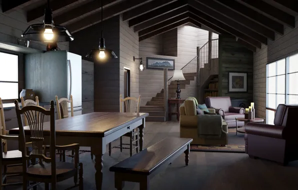 Дизайн, стиль, интерьер, гостиная, столовая, rustic living room, Avery Kukla