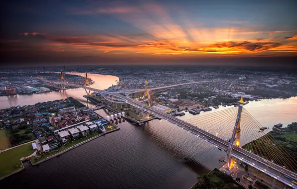 Картинка небо, город, вечер, Бангкок, мост Дипангкорн Расмийоти, река Менам-Чао-Прая