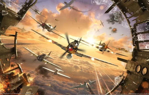 Картинка тучи, осколки, самолеты, битва, выстрелы, в небе, World of Warplanes