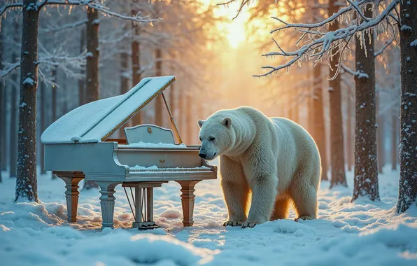 Картинка зима, лес, снег, рояль, белый медведь, нейросеть