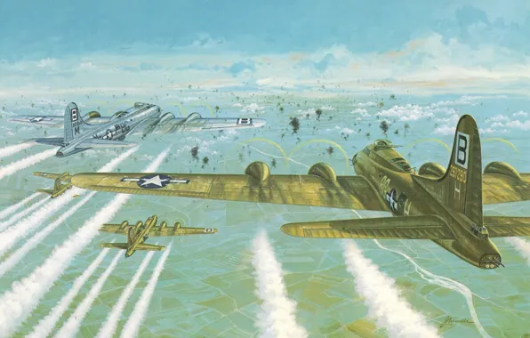 Картинка Boeing, Арт, B-17, Тяжёлый, Первый, Американский, Летающая крепость, Flying Fortress