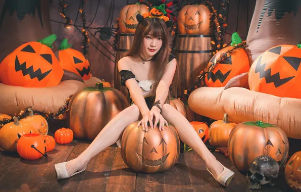 Картинка девушка, череп, тыквы, Хеллоуин, азиатка, 31 октября