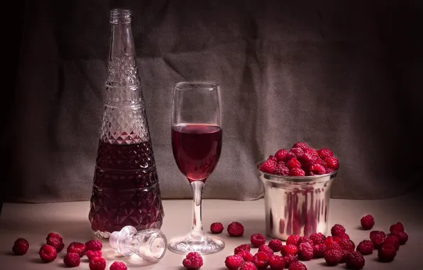 Стекло, стакан, ягоды, малина, вино, бокал, бутылка, алкоголь