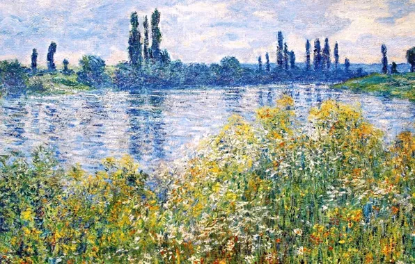 Небо, деревья, пейзаж, река, картина, клод моне