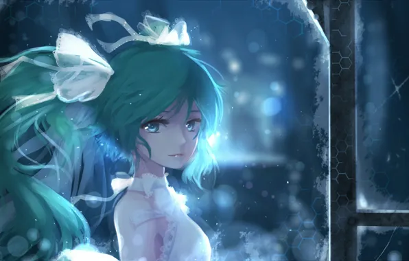 Картинка зима, девушка, снег, аниме, арт, бантики, vocaloid, hatsune miku