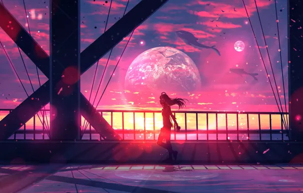 Картинка небо, девушка, космос, мост, планета, киты, by ryky