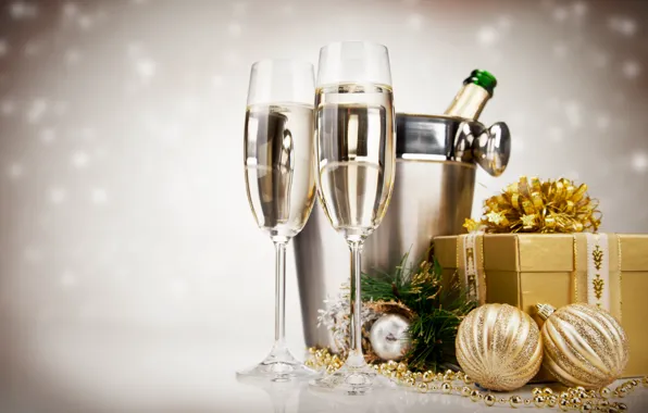 Шарики, праздник, подарок, игрушки, Новый Год, бокалы, Рождество, шампанское