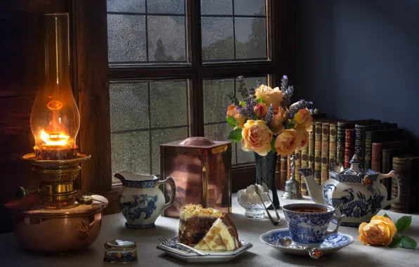 Картинка цветы, стиль, чай, книги, лампа, розы, букет, окно