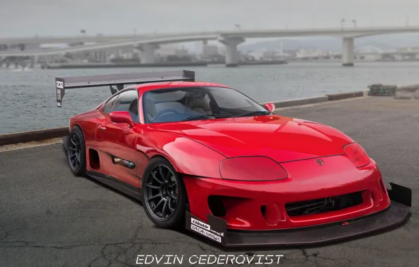 Красный, Авто, Мост, Река, Машина, Тюнинг, Red, Toyota