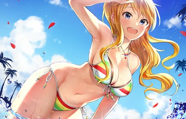 Girl, sexy, cleavage, beach, long hair, sea, boobs, anime