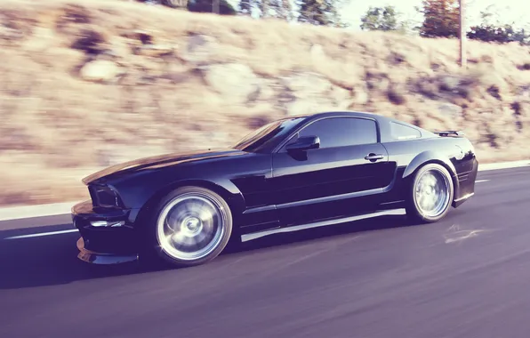 Картинка дорога, скорость, Mustang, Ford, Black