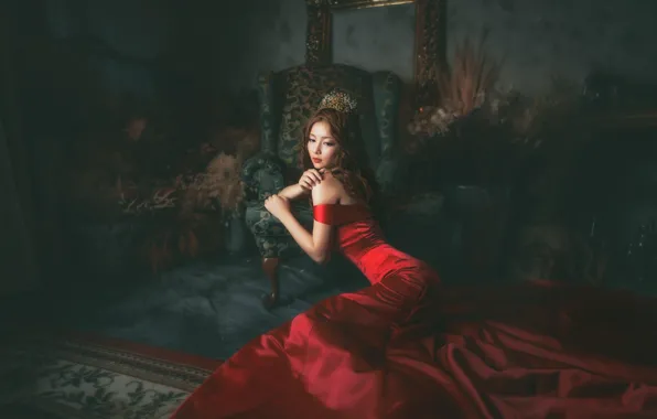 Картинка девушка, лицо, комната, красное, платье, восточная