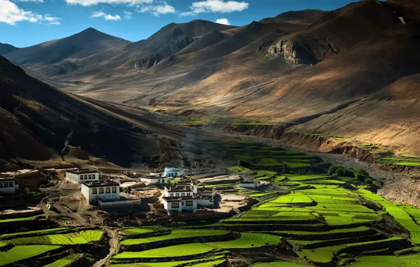 Картинка горы, китай, деревня, домики, china, гималаи, тибет, tibet