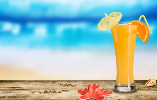 Картинка стакан, ракушка, коктейль, морская звезда, долька апельсина