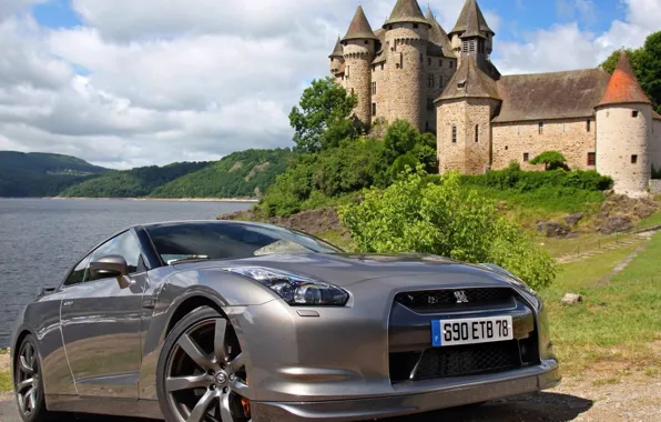 Море, замок, Nissan, sea, grey, gtr, r35, black Edition