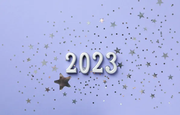Звезды, серебро, цифры, Новый год, дата, сиреневый фон, 2023
