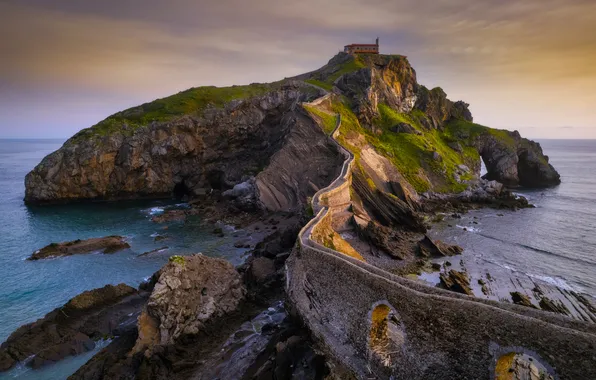 Море, небо, закат, камни, скалы, побережье, горизонт, Spain