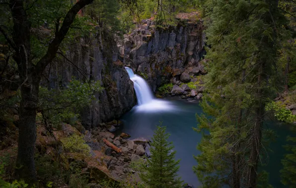 Картинка деревья, озеро, скалы, водопад, Калифорния, California, Upper McCloud Falls, McCloud River