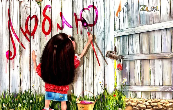 Картинка забор, девочка, love, paint
